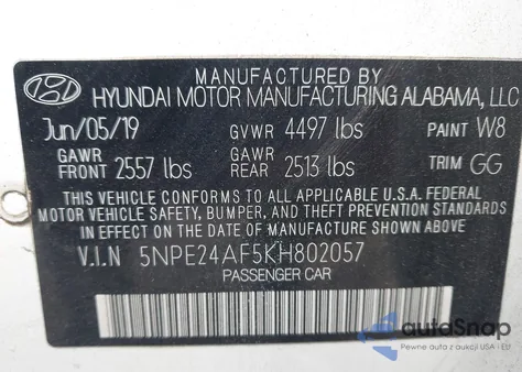 2019 Hyundai Sonata Se z USA, uszkodzony, nr VIN 5NPE24AF5KH802057